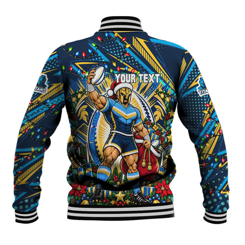 Personalized Gold Coast Titans Rugby Christmas Baseball Jacket Holiday Mascot Graphic Art Festive Lights Bow