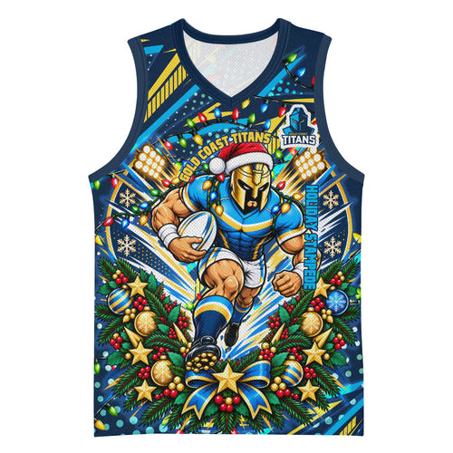 Personalized Gold Coast Titans Rugby Christmas Basketball Jersey Holiday Mascot Graphic Art Festive Lights Bow
