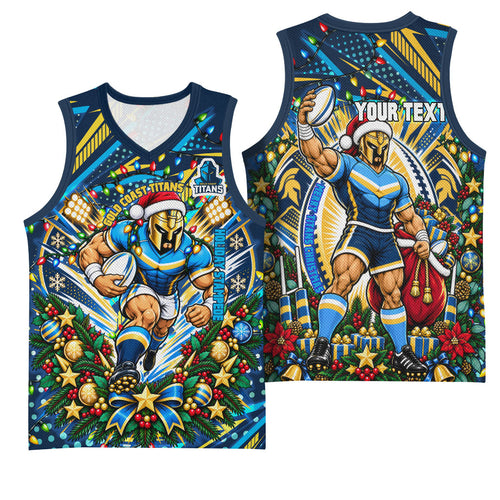 Personalized Gold Coast Titans Rugby Christmas Basketball Jersey Holiday Mascot Graphic Art Festive Lights Bow