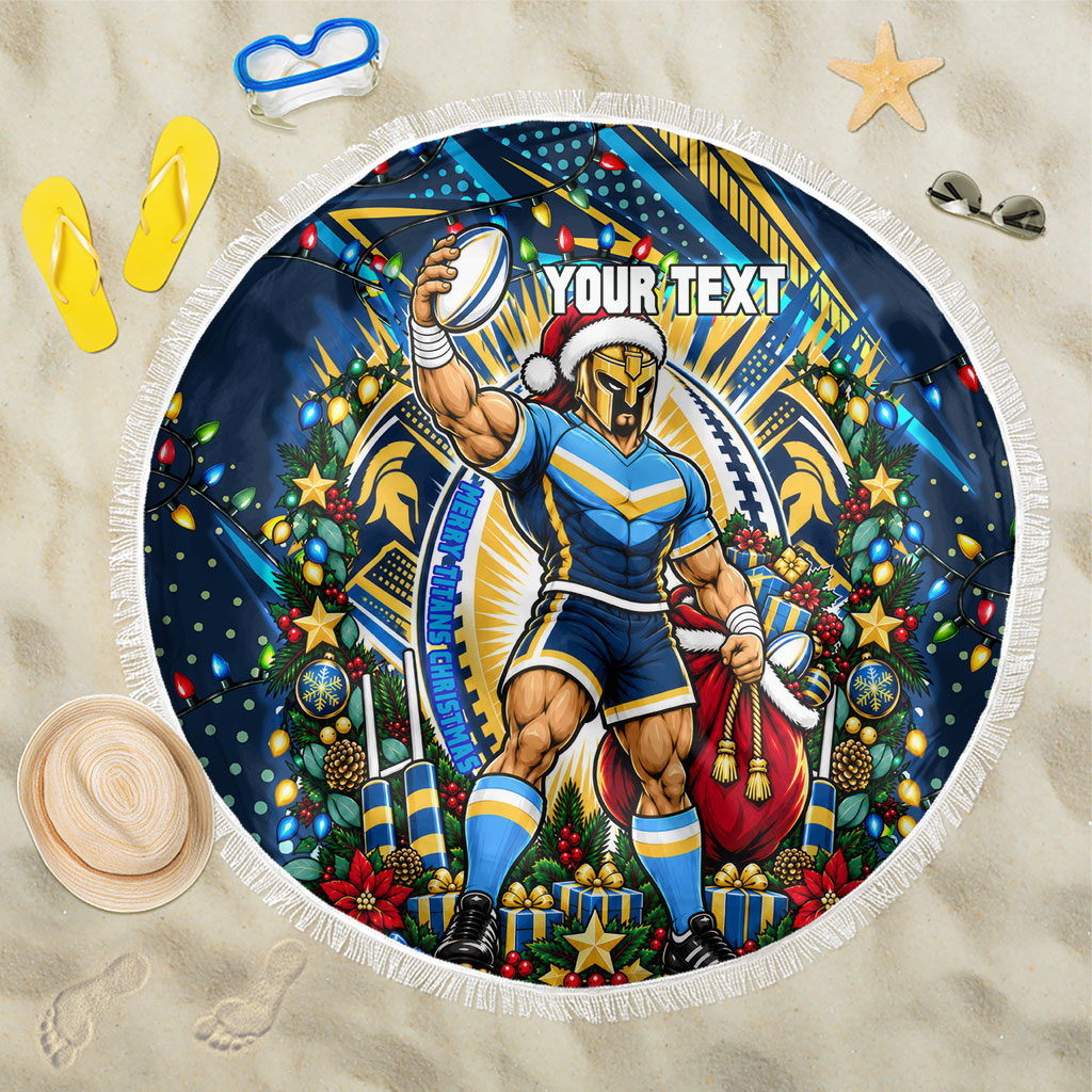 Personalized Gold Coast Titans Rugby Christmas Beach Blanket Holiday Mascot Graphic Art Festive Lights Bow