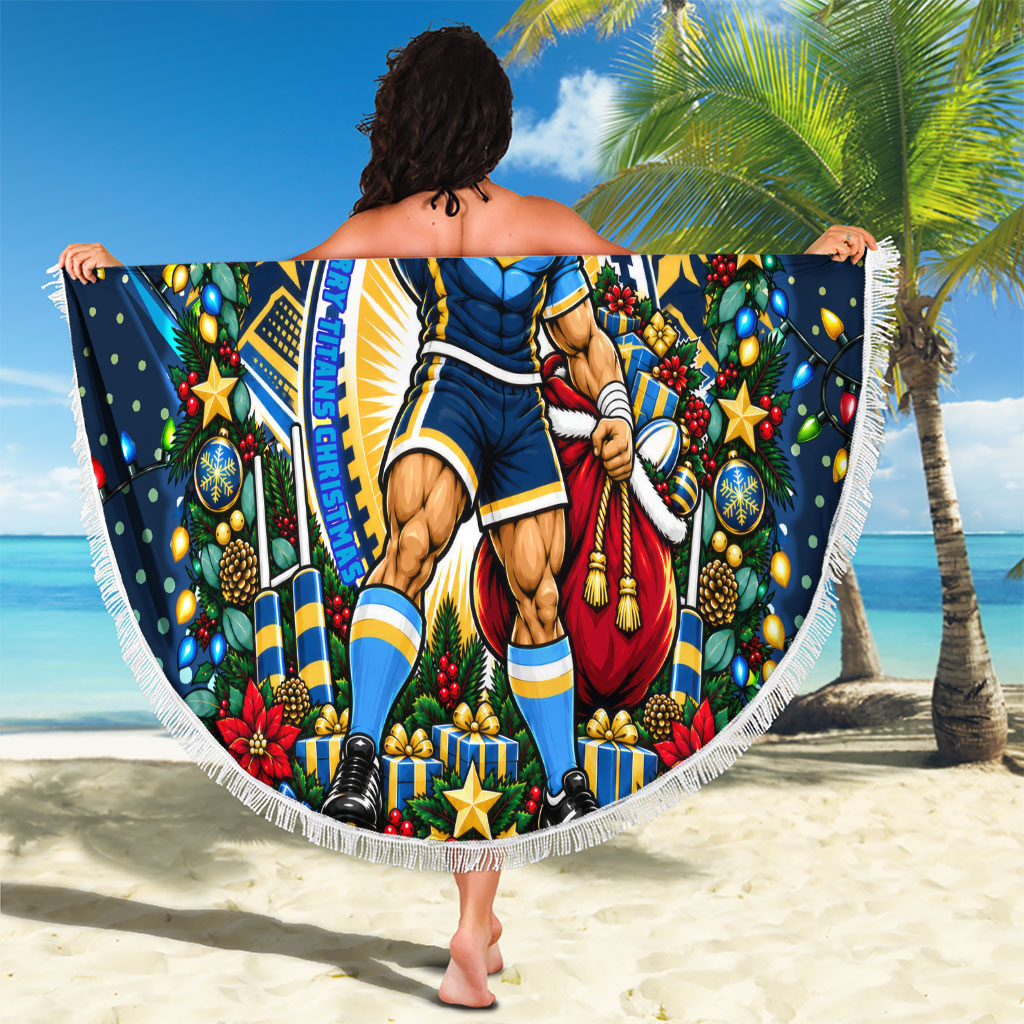 Personalized Gold Coast Titans Rugby Christmas Beach Blanket Holiday Mascot Graphic Art Festive Lights Bow