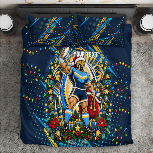 Personalized Gold Coast Titans Rugby Christmas Bedding Set Holiday Mascot Graphic Art Festive Lights Bow