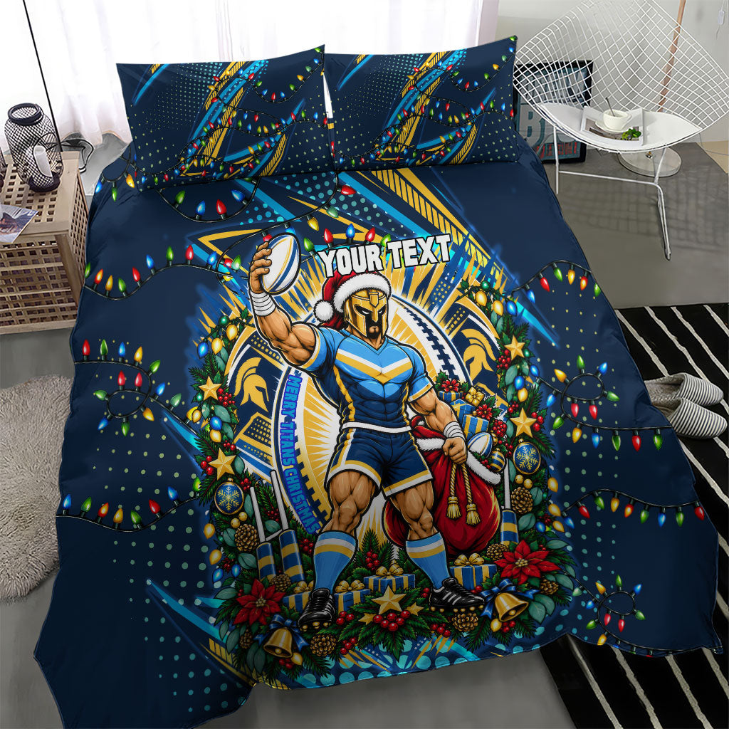 Personalized Gold Coast Titans Rugby Christmas Bedding Set Holiday Mascot Graphic Art Festive Lights Bow