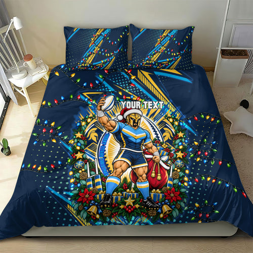 Personalized Gold Coast Titans Rugby Christmas Bedding Set Holiday Mascot Graphic Art Festive Lights Bow