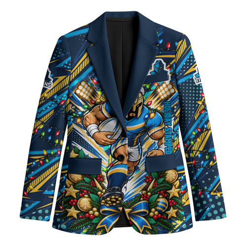 Personalized Gold Coast Titans Rugby Christmas Blazer Holiday Mascot Graphic Art Festive Lights Bow