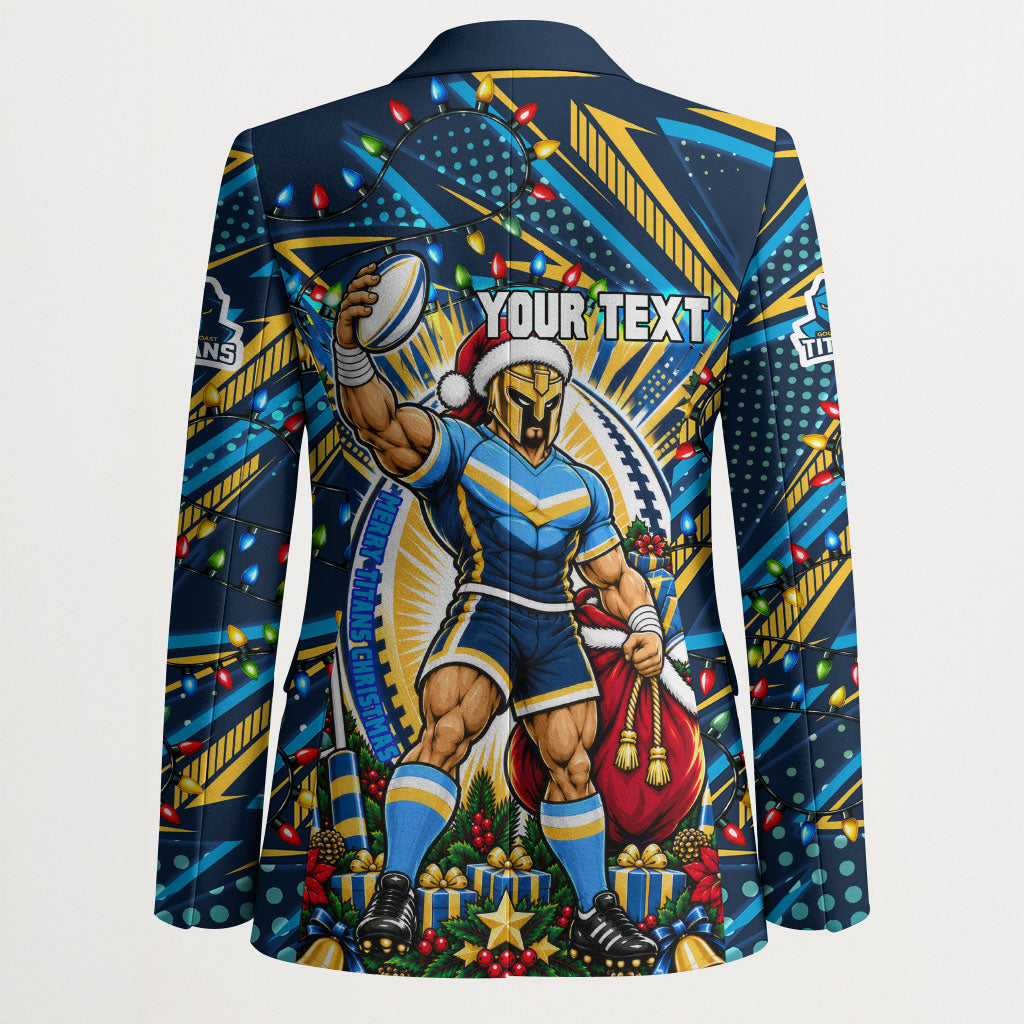 Personalized Gold Coast Titans Rugby Christmas Blazer Holiday Mascot Graphic Art Festive Lights Bow