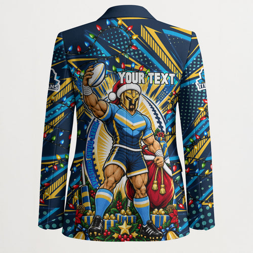 Personalized Gold Coast Titans Rugby Christmas Blazer Holiday Mascot Graphic Art Festive Lights Bow