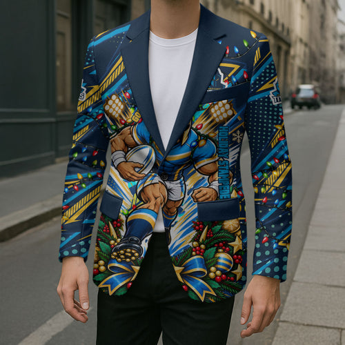 Personalized Gold Coast Titans Rugby Christmas Blazer Holiday Mascot Graphic Art Festive Lights Bow