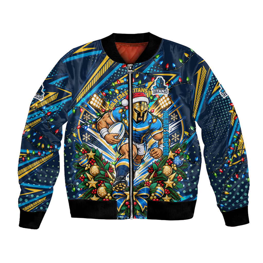 Personalized Gold Coast Titans Rugby Christmas Bomber Jacket Holiday Mascot Graphic Art Festive Lights Bow