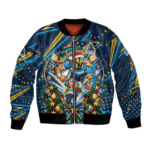 Personalized Gold Coast Titans Rugby Christmas Bomber Jacket Holiday Mascot Graphic Art Festive Lights Bow