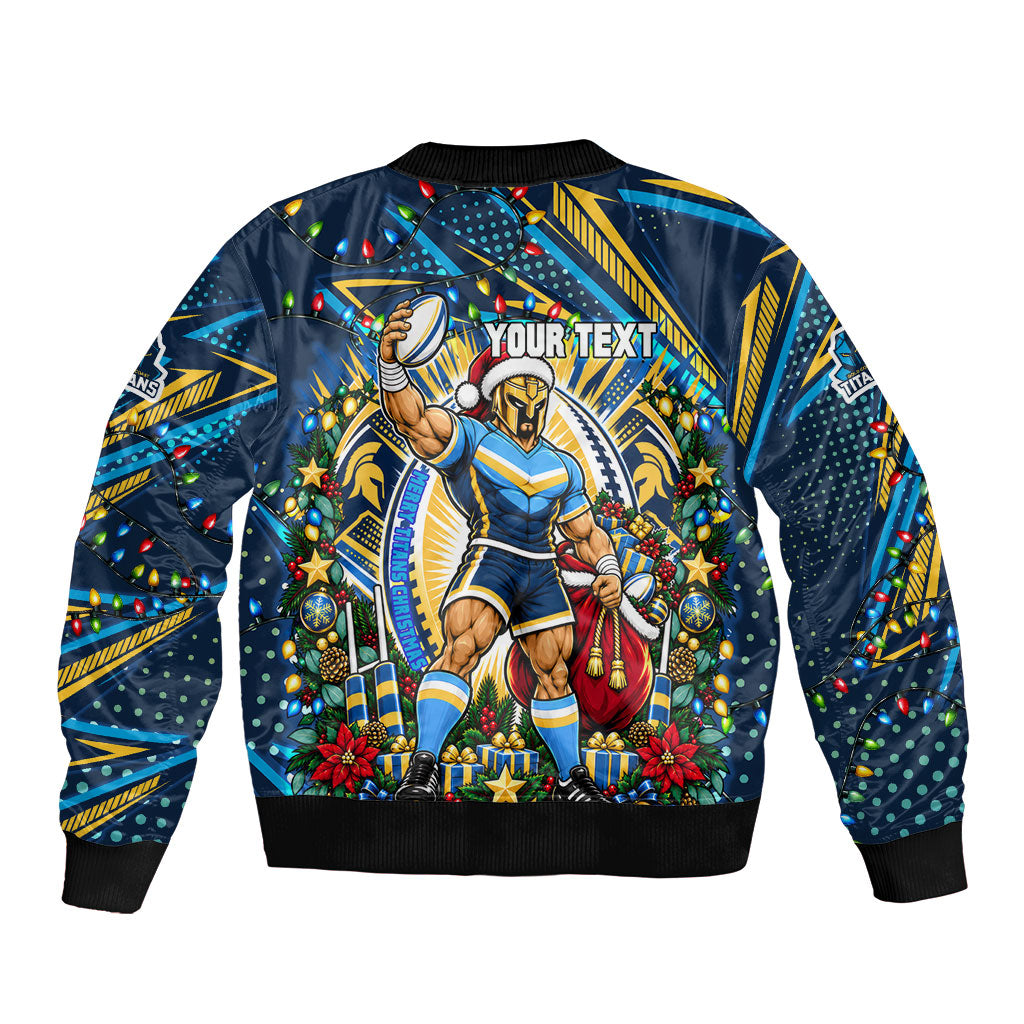 Personalized Gold Coast Titans Rugby Christmas Bomber Jacket Holiday Mascot Graphic Art Festive Lights Bow