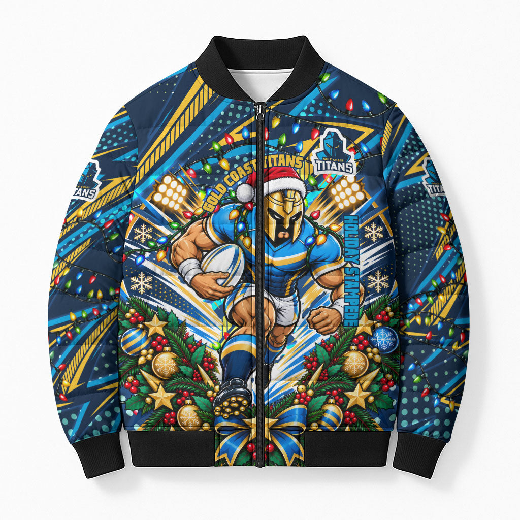 Personalized Gold Coast Titans Rugby Christmas Bomber Puffer Jacket Holiday Mascot Graphic Art Festive Lights Bow
