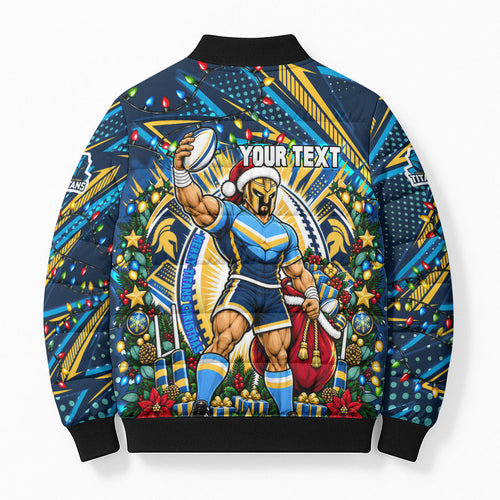 Personalized Gold Coast Titans Rugby Christmas Bomber Puffer Jacket Holiday Mascot Graphic Art Festive Lights Bow