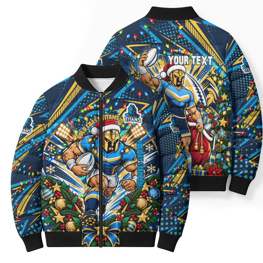 Personalized Gold Coast Titans Rugby Christmas Bomber Puffer Jacket Holiday Mascot Graphic Art Festive Lights Bow