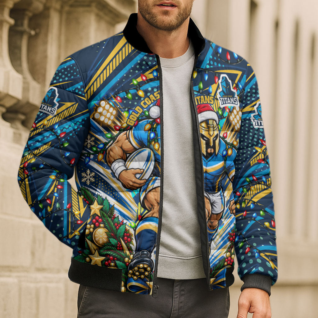 Personalized Gold Coast Titans Rugby Christmas Bomber Puffer Jacket Holiday Mascot Graphic Art Festive Lights Bow