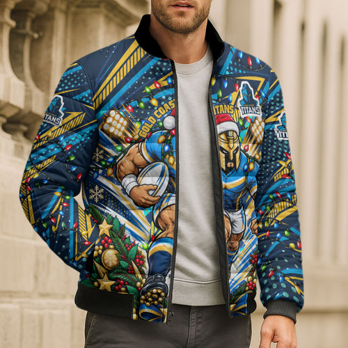 Personalized Gold Coast Titans Rugby Christmas Bomber Puffer Jacket Holiday Mascot Graphic Art Festive Lights Bow
