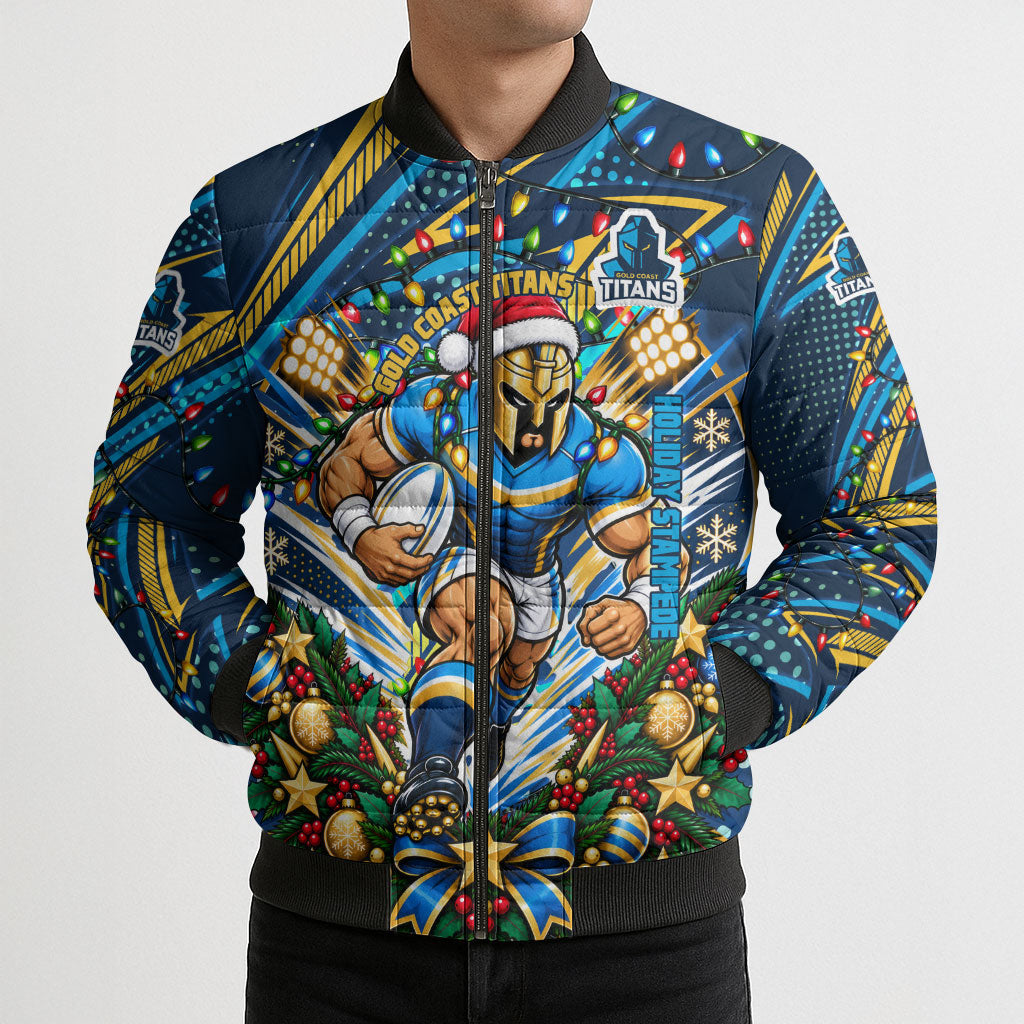 Personalized Gold Coast Titans Rugby Christmas Bomber Puffer Jacket Holiday Mascot Graphic Art Festive Lights Bow