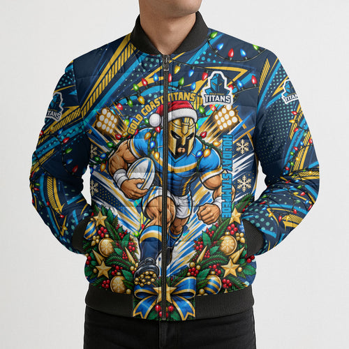Personalized Gold Coast Titans Rugby Christmas Bomber Puffer Jacket Holiday Mascot Graphic Art Festive Lights Bow