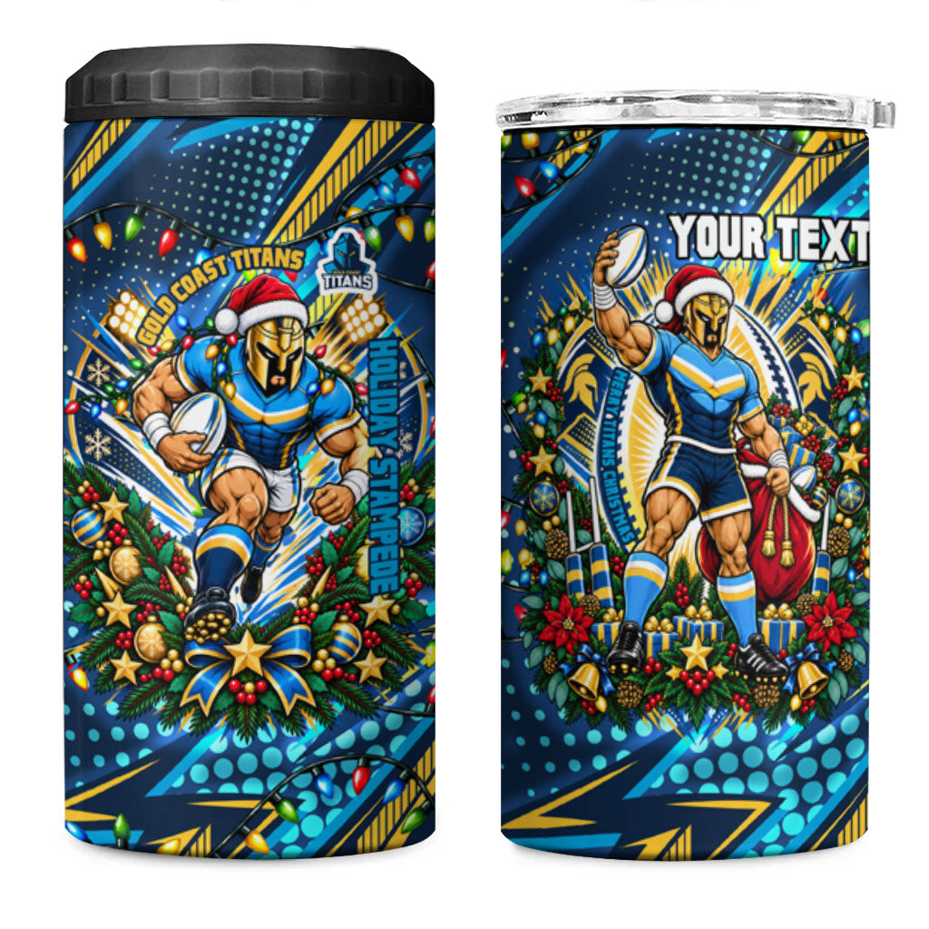 Personalized Gold Coast Titans Rugby Christmas 4 in 1 Can Cooler Tumbler Holiday Mascot Graphic Art Festive Lights Bow