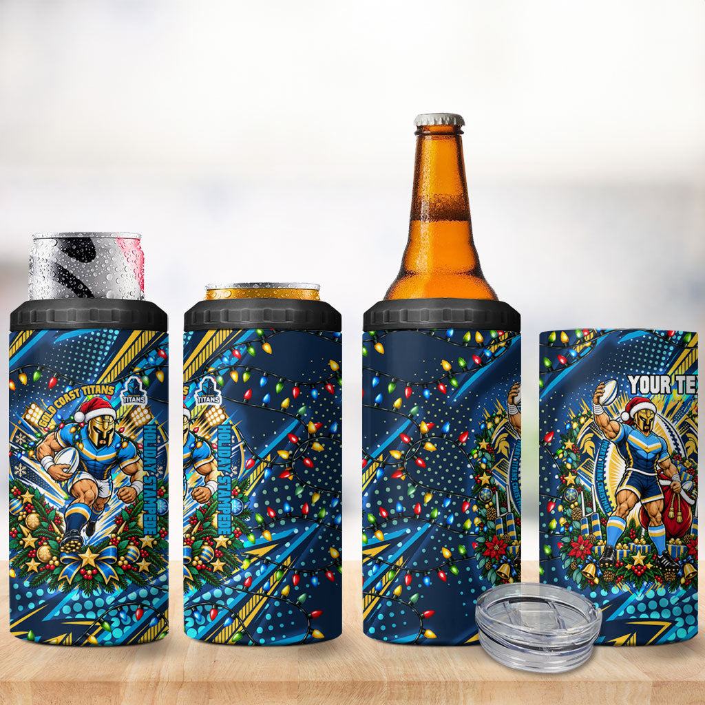 Personalized Gold Coast Titans Rugby Christmas 4 in 1 Can Cooler Tumbler Holiday Mascot Graphic Art Festive Lights Bow
