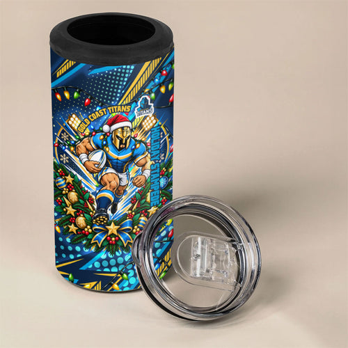 Personalized Gold Coast Titans Rugby Christmas 4 in 1 Can Cooler Tumbler Holiday Mascot Graphic Art Festive Lights Bow