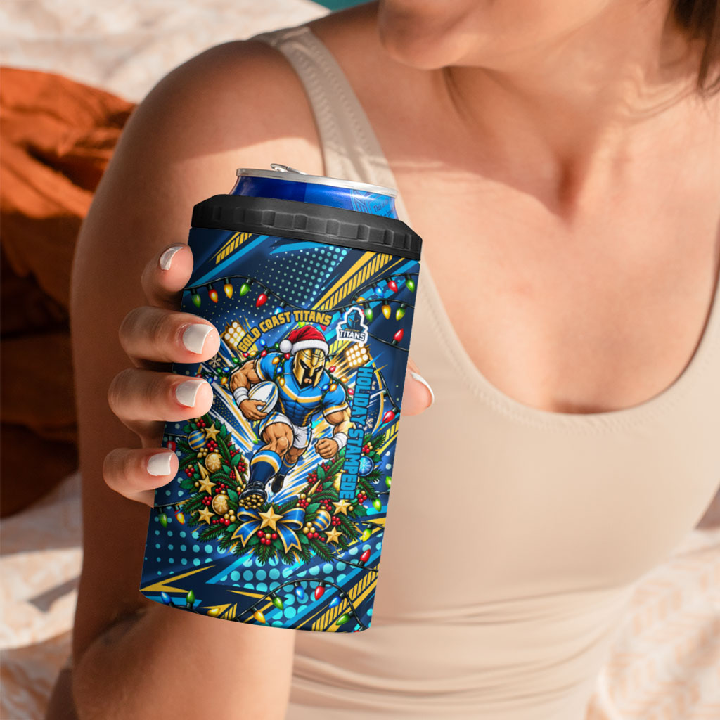 Personalized Gold Coast Titans Rugby Christmas 4 in 1 Can Cooler Tumbler Holiday Mascot Graphic Art Festive Lights Bow