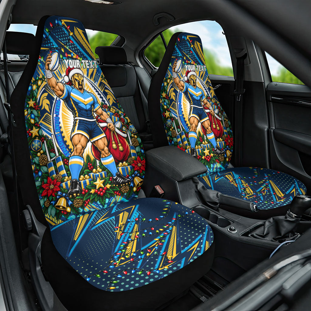 Personalized Gold Coast Titans Rugby Christmas Car Seat Cover Holiday Mascot Graphic Art Festive Lights Bow