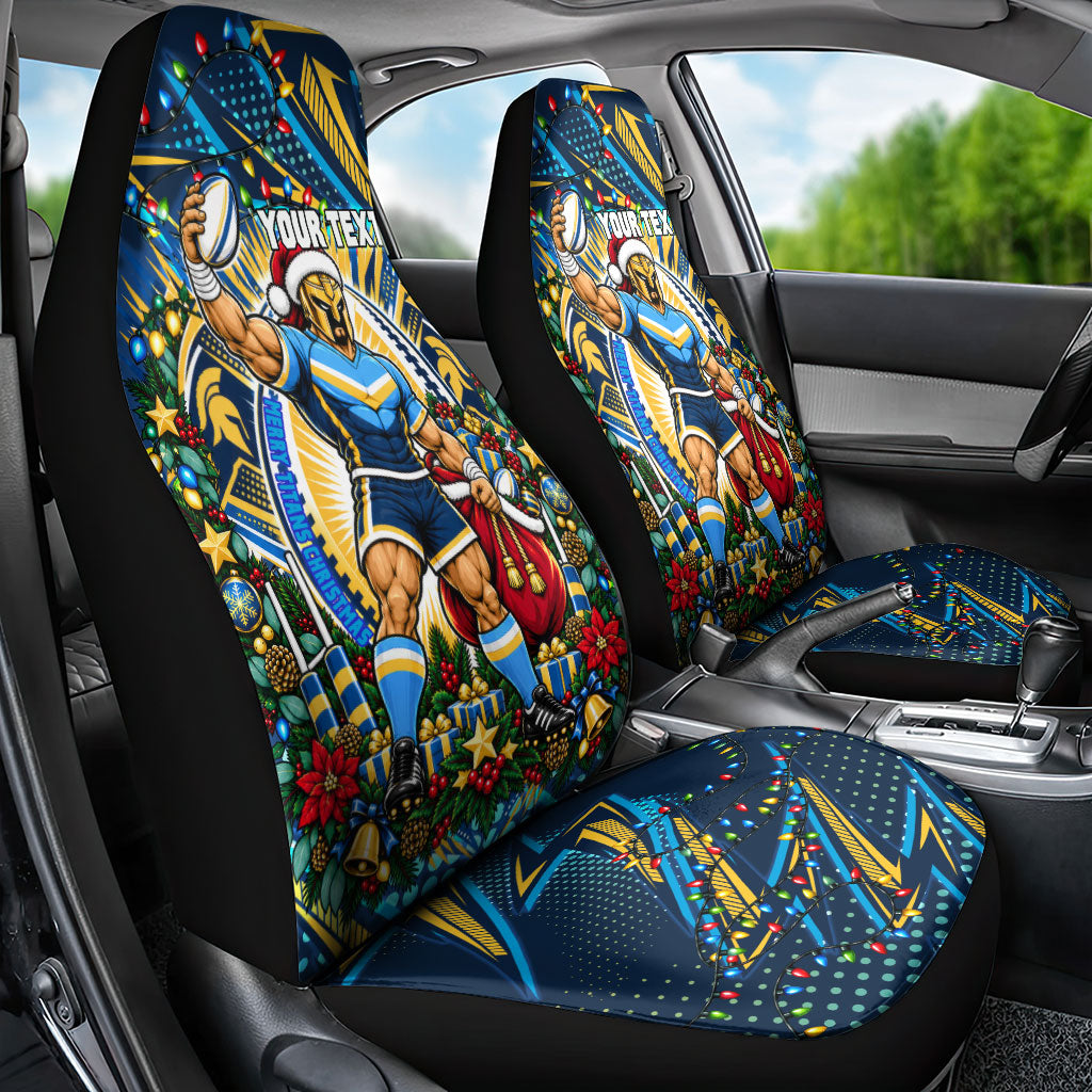 Personalized Gold Coast Titans Rugby Christmas Car Seat Cover Holiday Mascot Graphic Art Festive Lights Bow