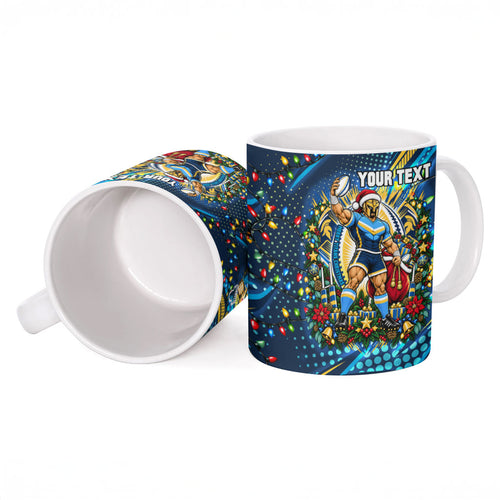 Personalized Gold Coast Titans Rugby Christmas Ceramic Mug Holiday Mascot Graphic Art Festive Lights Bow
