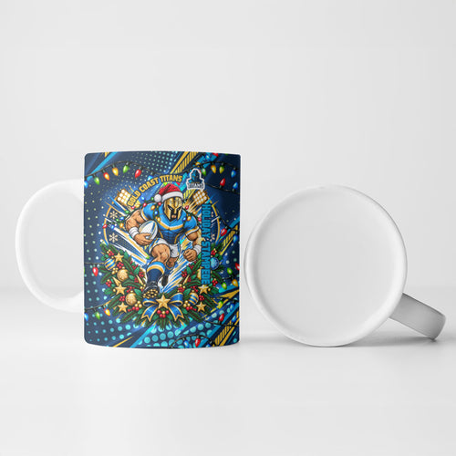 Personalized Gold Coast Titans Rugby Christmas Ceramic Mug Holiday Mascot Graphic Art Festive Lights Bow