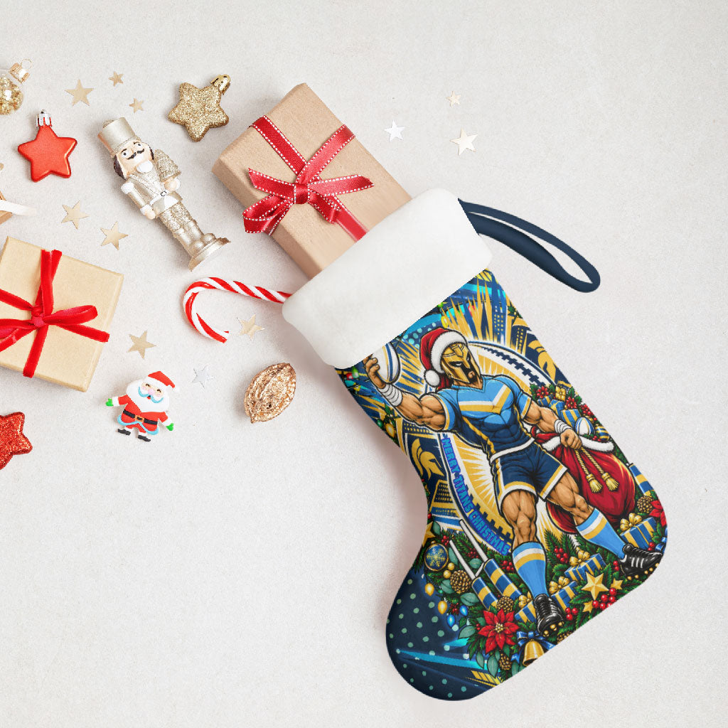 Gold Coast Titans Rugby Christmas Stocking Holiday Mascot Graphic Art Festive Lights Bow