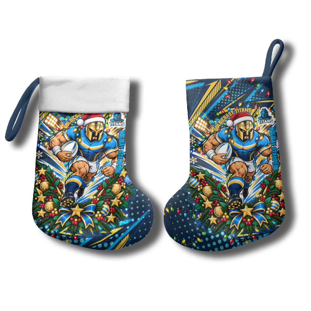 Gold Coast Titans Rugby Christmas Stocking Holiday Mascot Graphic Art Festive Lights Bow