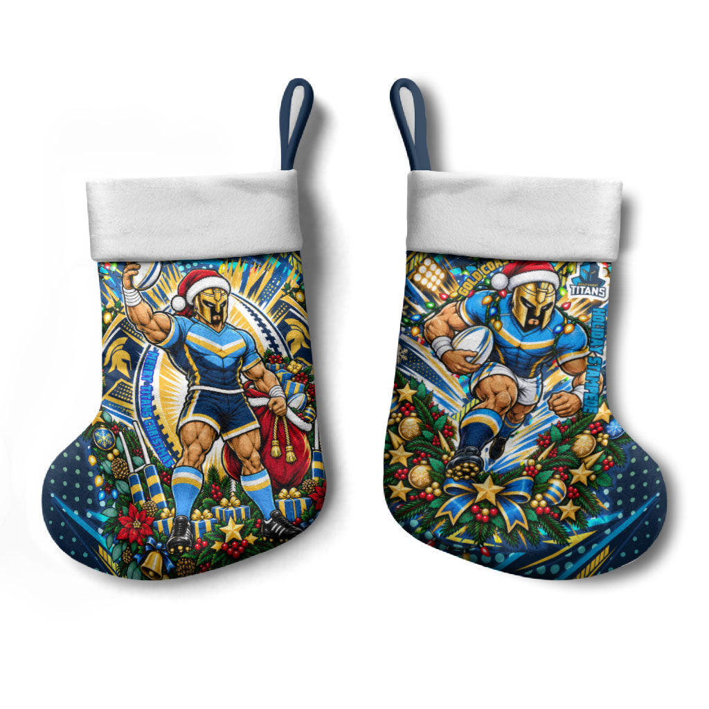 Gold Coast Titans Rugby Christmas Stocking Holiday Mascot Graphic Art Festive Lights Bow