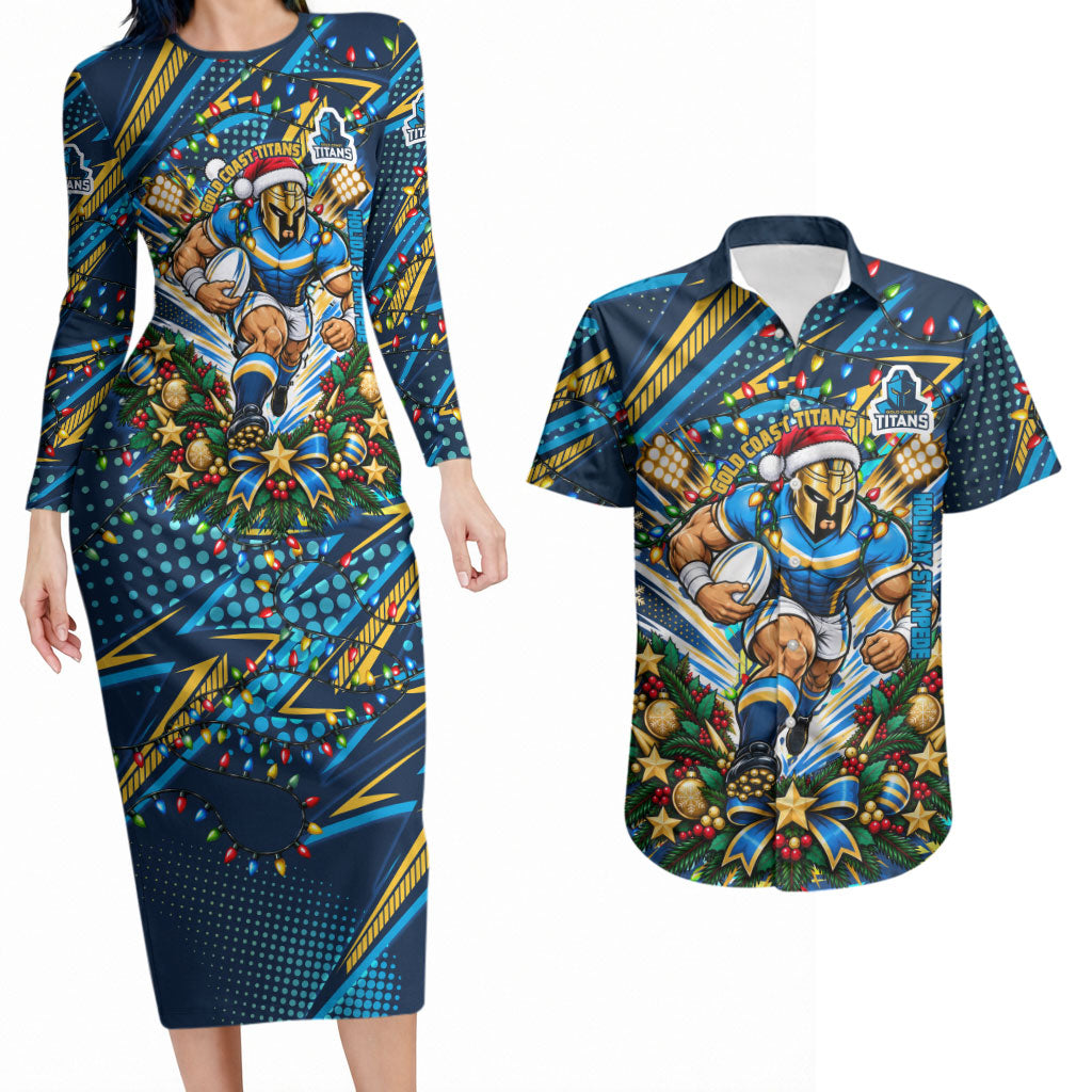 Personalized Gold Coast Titans Rugby Christmas Couples Matching Long Sleeve Bodycon Dress and Hawaiian Shirt Holiday Mascot Graphic Art Festive Lights Bow