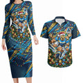 Personalized Gold Coast Titans Rugby Christmas Couples Matching Long Sleeve Bodycon Dress and Hawaiian Shirt Holiday Mascot Graphic Art Festive Lights Bow