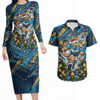 Personalized Gold Coast Titans Rugby Christmas Couples Matching Long Sleeve Bodycon Dress and Hawaiian Shirt Holiday Mascot Graphic Art Festive Lights Bow
