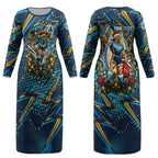 Personalized Gold Coast Titans Rugby Christmas Couples Matching Long Sleeve Bodycon Dress and Hawaiian Shirt Holiday Mascot Graphic Art Festive Lights Bow