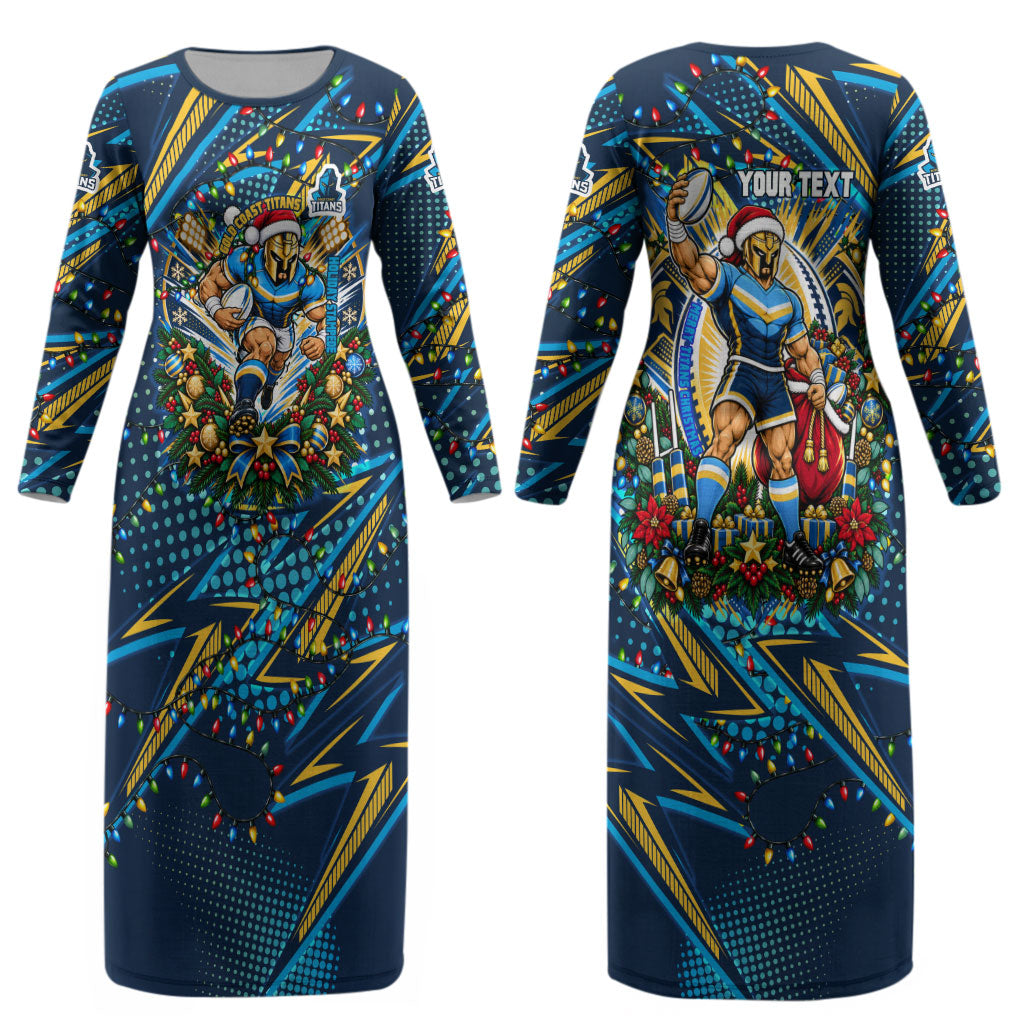 Personalized Gold Coast Titans Rugby Christmas Couples Matching Long Sleeve Bodycon Dress and Hawaiian Shirt Holiday Mascot Graphic Art Festive Lights Bow