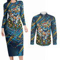 Personalized Gold Coast Titans Rugby Christmas Couples Matching Long Sleeve Bodycon Dress and Long Sleeve Button Shirt Holiday Mascot Graphic Art Festive Lights Bow