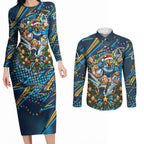 Personalized Gold Coast Titans Rugby Christmas Couples Matching Long Sleeve Bodycon Dress and Long Sleeve Button Shirt Holiday Mascot Graphic Art Festive Lights Bow
