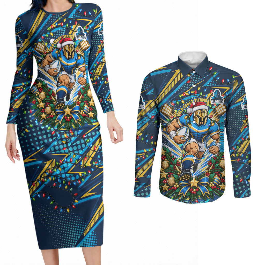 Personalized Gold Coast Titans Rugby Christmas Couples Matching Long Sleeve Bodycon Dress and Long Sleeve Button Shirt Holiday Mascot Graphic Art Festive Lights Bow