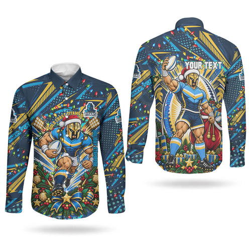 Personalized Gold Coast Titans Rugby Christmas Couples Matching Long Sleeve Bodycon Dress and Long Sleeve Button Shirt Holiday Mascot Graphic Art Festive Lights Bow