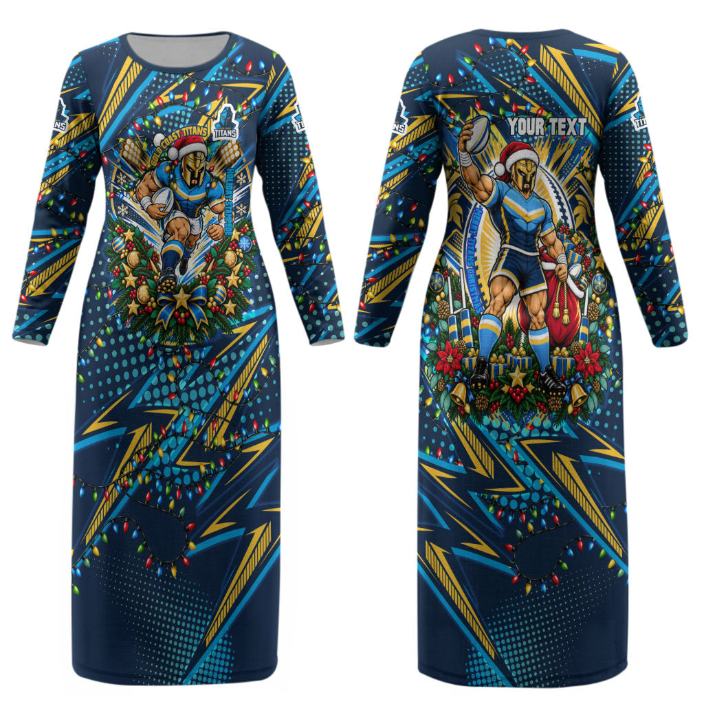 Personalized Gold Coast Titans Rugby Christmas Couples Matching Long Sleeve Bodycon Dress and Long Sleeve Button Shirt Holiday Mascot Graphic Art Festive Lights Bow