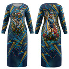 Personalized Gold Coast Titans Rugby Christmas Couples Matching Long Sleeve Bodycon Dress and Long Sleeve Button Shirt Holiday Mascot Graphic Art Festive Lights Bow