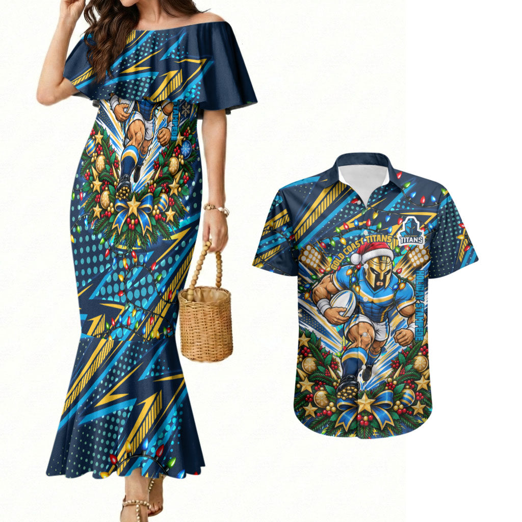 Personalized Gold Coast Titans Rugby Christmas Couples Matching Mermaid Dress and Hawaiian Shirt Holiday Mascot Graphic Art Festive Lights Bow