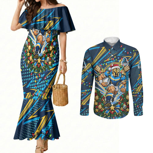 Personalized Gold Coast Titans Rugby Christmas Couples Matching Mermaid Dress and Long Sleeve Button Shirt Holiday Mascot Graphic Art Festive Lights Bow