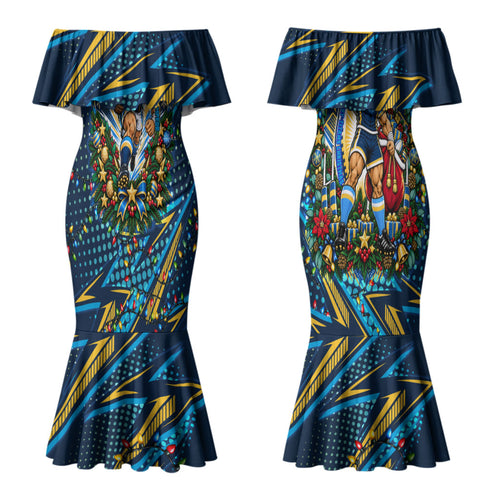 Personalized Gold Coast Titans Rugby Christmas Couples Matching Mermaid Dress and Long Sleeve Button Shirt Holiday Mascot Graphic Art Festive Lights Bow