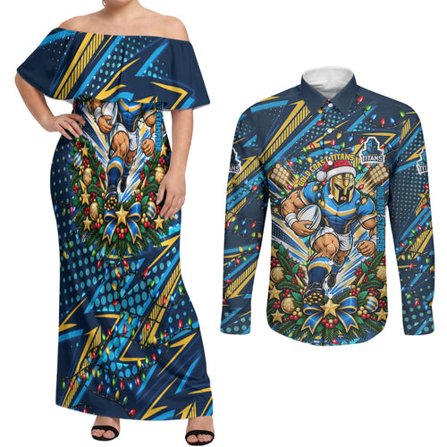 Personalized Gold Coast Titans Rugby Christmas Couples Matching Off Shoulder Maxi Dress and Long Sleeve Button Shirt Holiday Mascot Graphic Art Festive Lights Bow
