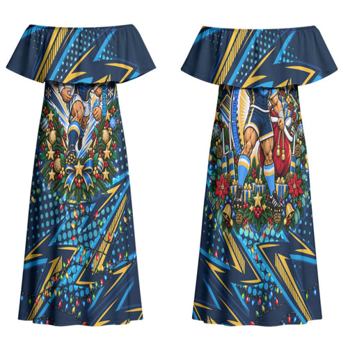 Personalized Gold Coast Titans Rugby Christmas Couples Matching Off Shoulder Maxi Dress and Long Sleeve Button Shirt Holiday Mascot Graphic Art Festive Lights Bow