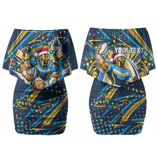 Personalized Gold Coast Titans Rugby Christmas Couples Matching Off Shoulder Short Dress and Hawaiian Shirt Holiday Mascot Graphic Art Festive Lights Bow